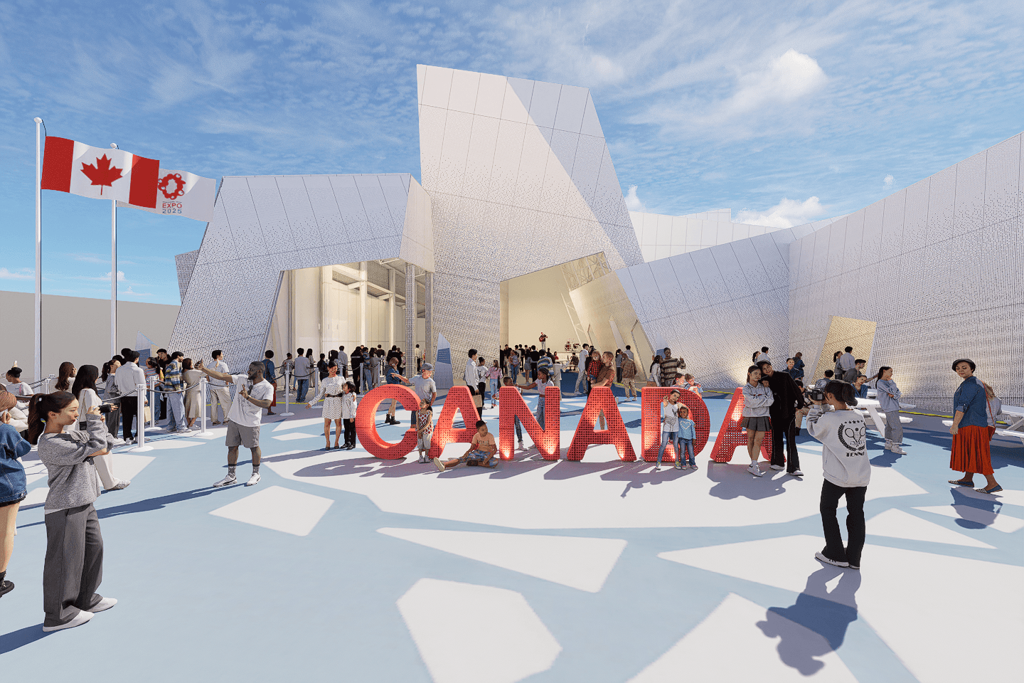 A close up rendering of the Canada Pavilion showing people walking around the Pavilion courtyard and taking photos. In the middle of the courtyard there is a sculpture that spells out “CANADA” in red. On the left side of the building there is the Canada and Expo2025 Osaka Flags. Further back in the rendering, crowds are entering the Canada Pavilion that resembles ice fragments but has warm inviting lights.